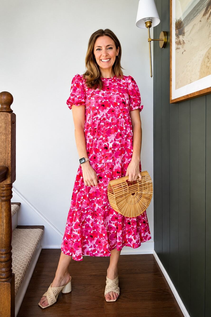 PrettyGarden Women's Floral Tiered Midi Dress Pink XL